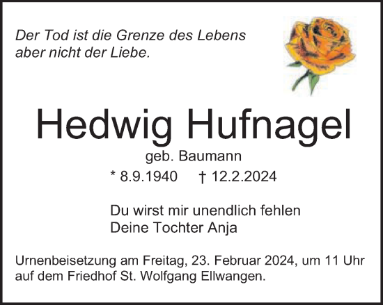 Traueranzeige von Hedwig Hufnagel von Schwäbische Post