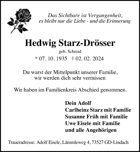 Traueranzeige von Hedwig Starz-Drösser