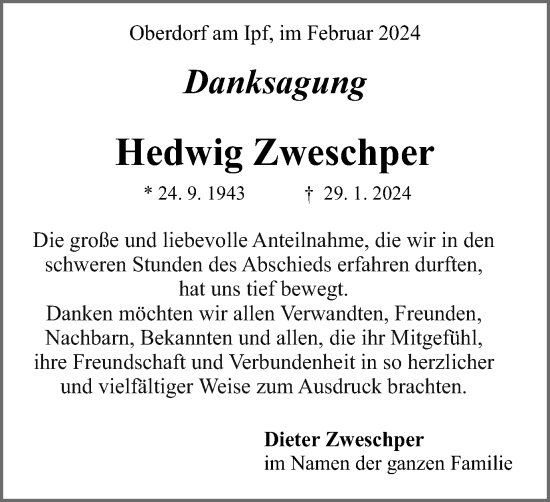 Traueranzeige von Hedwig Zweschper von Schwäbische Post