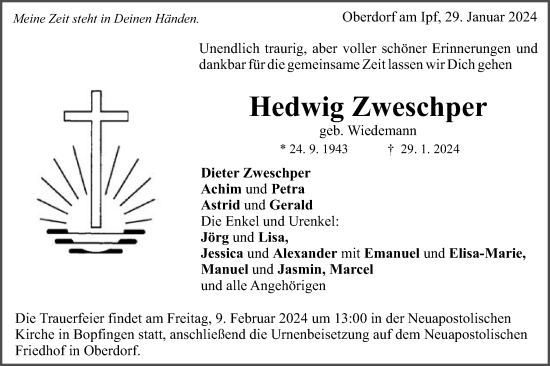 Traueranzeige von Hedwig Zweschper von Schwäbische Post