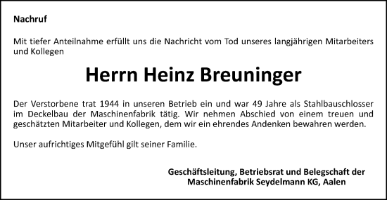 Traueranzeige von Heinz Breuninger von Schwäbische Post