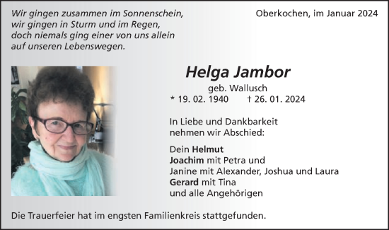 Traueranzeige von Helga Jambor von Schwäbische Post