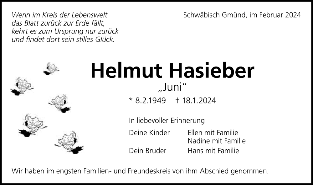  Traueranzeige für Helmut Hasieber vom 24.02.2024 aus Gmünder Tagespost