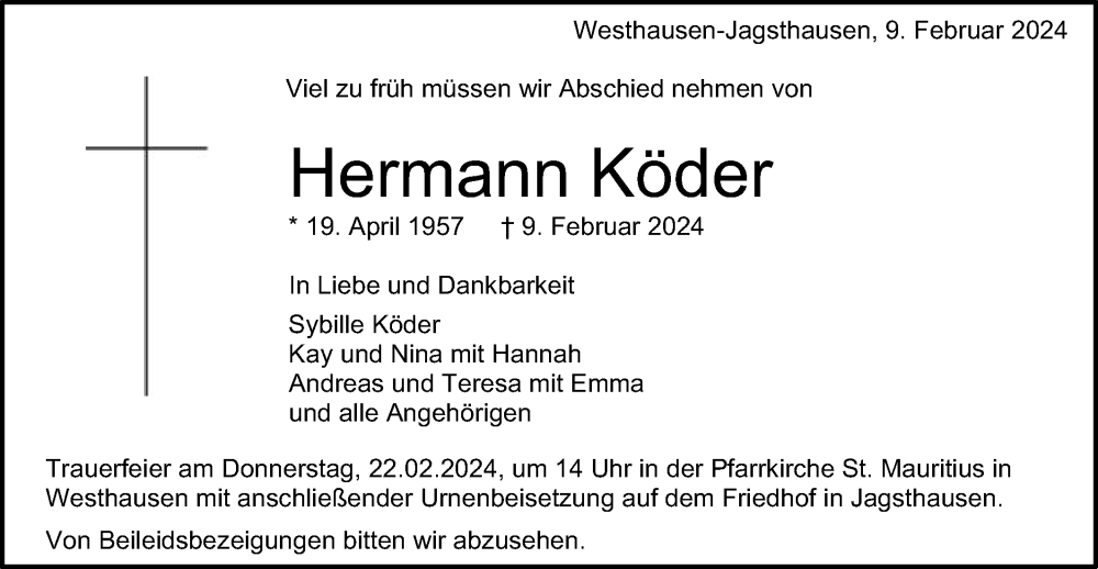  Traueranzeige für Hermann Köder vom 20.02.2024 aus Schwäbische Post
