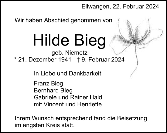 Traueranzeige von Hilde Bieg