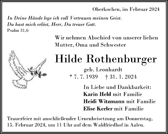 Traueranzeige von Hilde Rothenburger von Schwäbische Post
