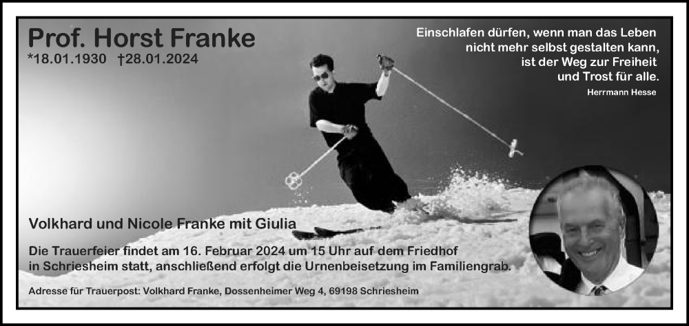  Traueranzeige für Horst Franke vom 07.02.2024 aus Schwäbische Post