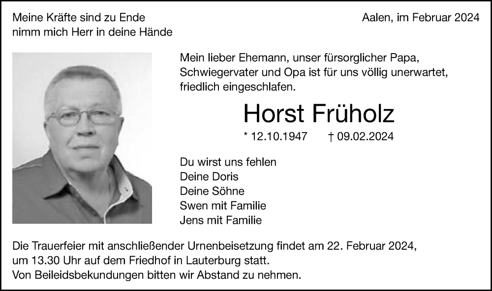  Traueranzeige für Horst Früholz vom 19.02.2024 aus Schwäbische Post