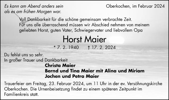 Traueranzeige von Horst Maier von Schwäbische Post