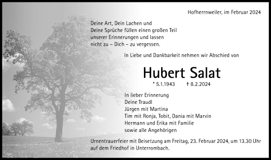 Traueranzeige von Hubert Salat von Schwäbische Post