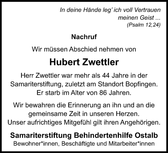 Traueranzeige von Hubert Zwettler von Schwäbische Post