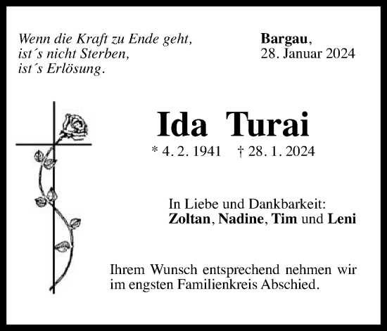 Traueranzeige von Ida Turai von Gmünder Tagespost