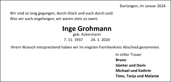 Traueranzeige von Inge Grohmann von Gmünder Tagespost