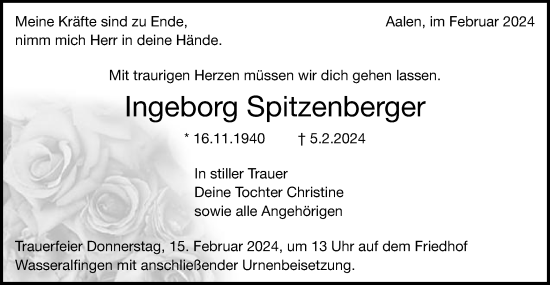 Traueranzeige von Ingeborg Spitzenberger von Schwäbische Post