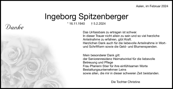 Traueranzeige von Ingeborg Spitzenberger von Schwäbische Post