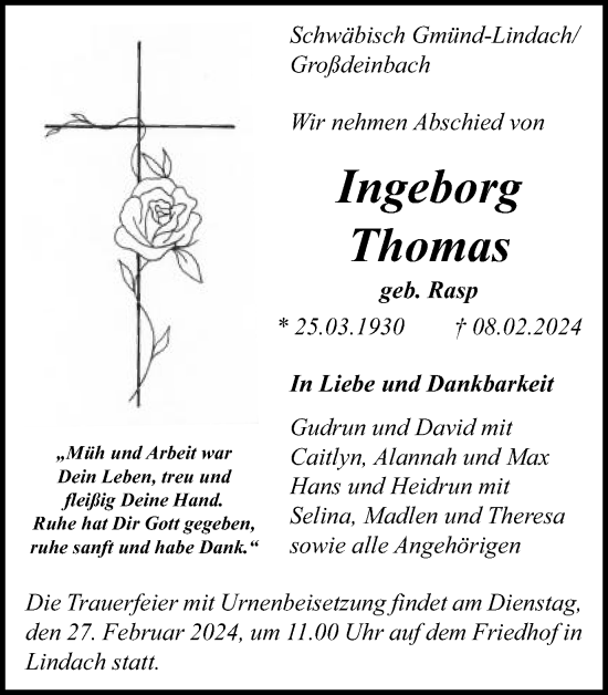 Traueranzeige von Ingeborg Thomas von Gmünder Tagespost