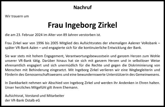 Traueranzeige von Ingeborg Zirkel von Schwäbische Post