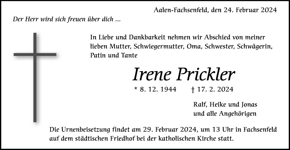  Traueranzeige für Irene Prickler vom 24.02.2024 aus Schwäbische Post