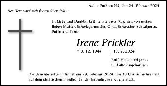 Traueranzeige von Irene Prickler von Schwäbische Post