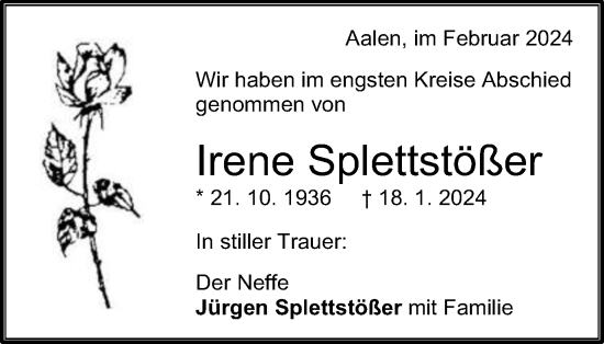 Traueranzeige von Irene Splettstößer von Schwäbische Post