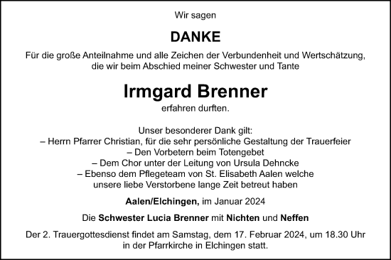 Traueranzeige von Irmgard Brenner von Schwäbische Post
