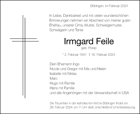 Traueranzeige von Irmgard Feile von Gmünder Tagespost