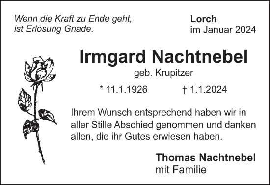 Traueranzeige von Irmgard Nachtnebel von Gmünder Tagespost