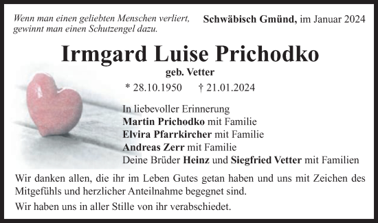 Traueranzeige von Irmgard Prichodko von Gmünder Tagespost