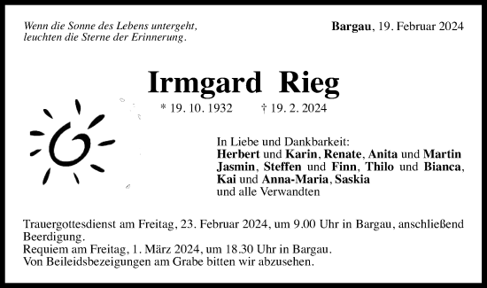 Traueranzeige von Irmgard Rieg von Gmünder Tagespost