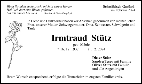 Traueranzeige von Irmtraud Stütz von Gmünder Tagespost