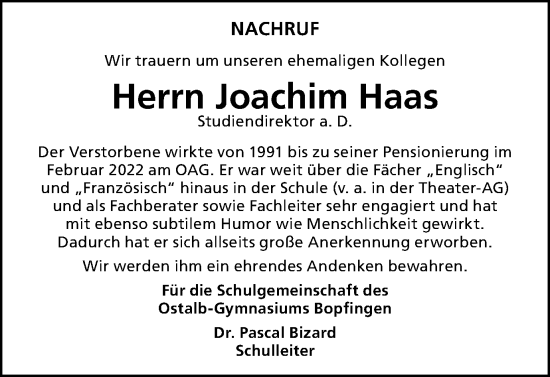 Traueranzeige von Joachim Haas von Schwäbische Post