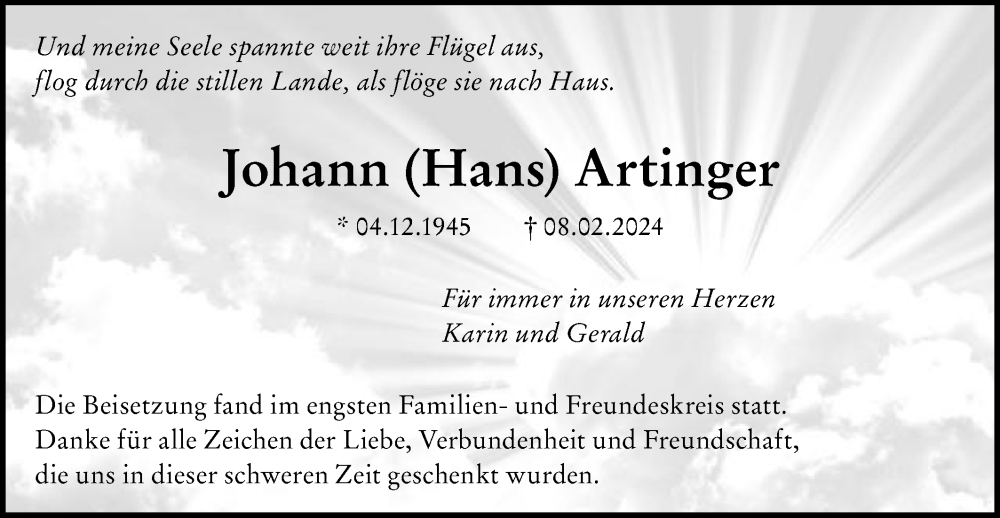  Traueranzeige für Johann Artinger vom 24.02.2024 aus Schwäbische Post