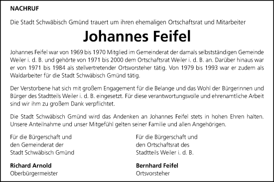 Traueranzeige von Johannes Feifel von Gmünder Tagespost
