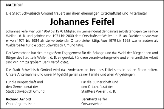 Traueranzeige von Johannes Feifel