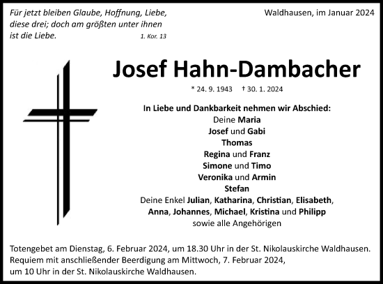 Traueranzeige von Josef Hahn-Dambacher von Schwäbische Post