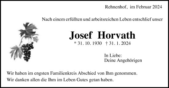 Traueranzeige von Josef Horvath von Gmünder Tagespost