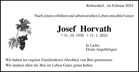 Traueranzeige von Josef Horvath