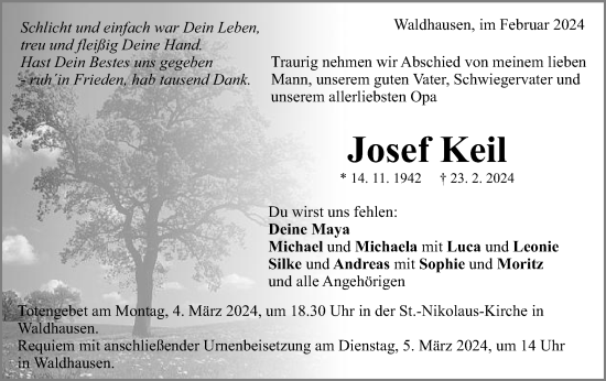 Traueranzeige von Josef Keil von Schwäbische Post