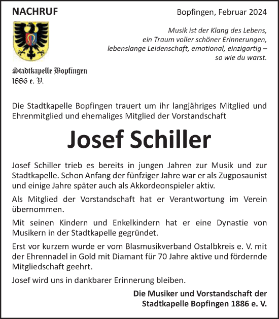 Traueranzeige von Josef Schiller von Schwäbische Post