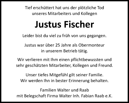 Traueranzeige von Justus Fischer von Schwäbische Post