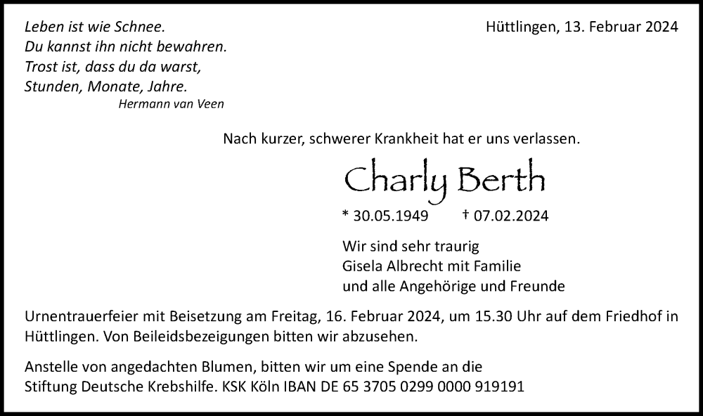  Traueranzeige für Karl Berth vom 14.02.2024 aus Schwäbische Post
