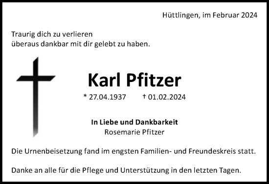 Traueranzeige von Karl Pfitzer von Schwäbische Post