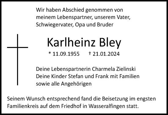 Traueranzeige von Karlheinz Bley von Schwäbische Post