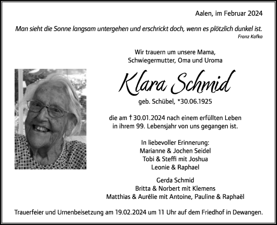 Traueranzeige von Klara Schmid von Schwäbische Post