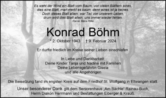 Traueranzeige von Konrad Böhm von Schwäbische Post