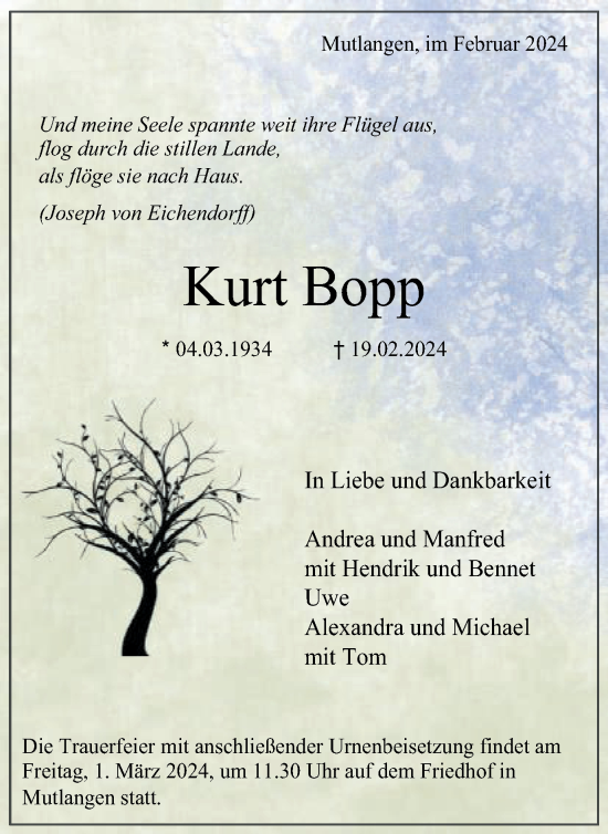 Traueranzeige von Kurt Bopp