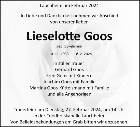 Traueranzeige von Lieselotte Goos von Schwäbische Post