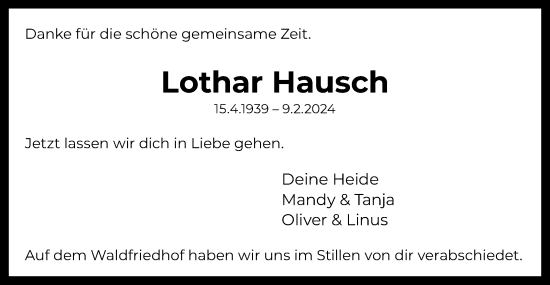 Traueranzeige von Lothar Hausch von Schwäbische Post