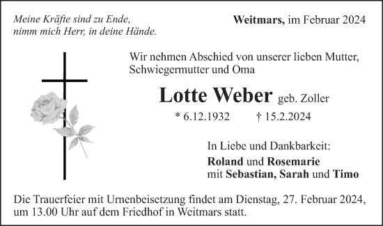 Traueranzeige von Lotte Weber von Gmünder Tagespost