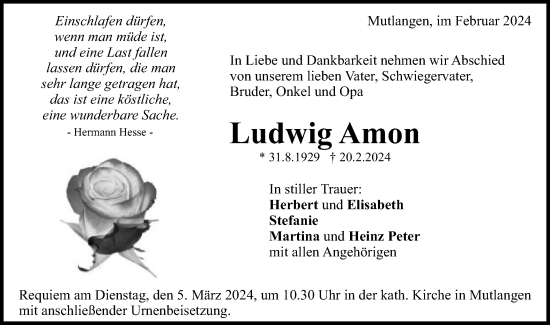 Traueranzeige von Ludwig Amon von Gmünder Tagespost